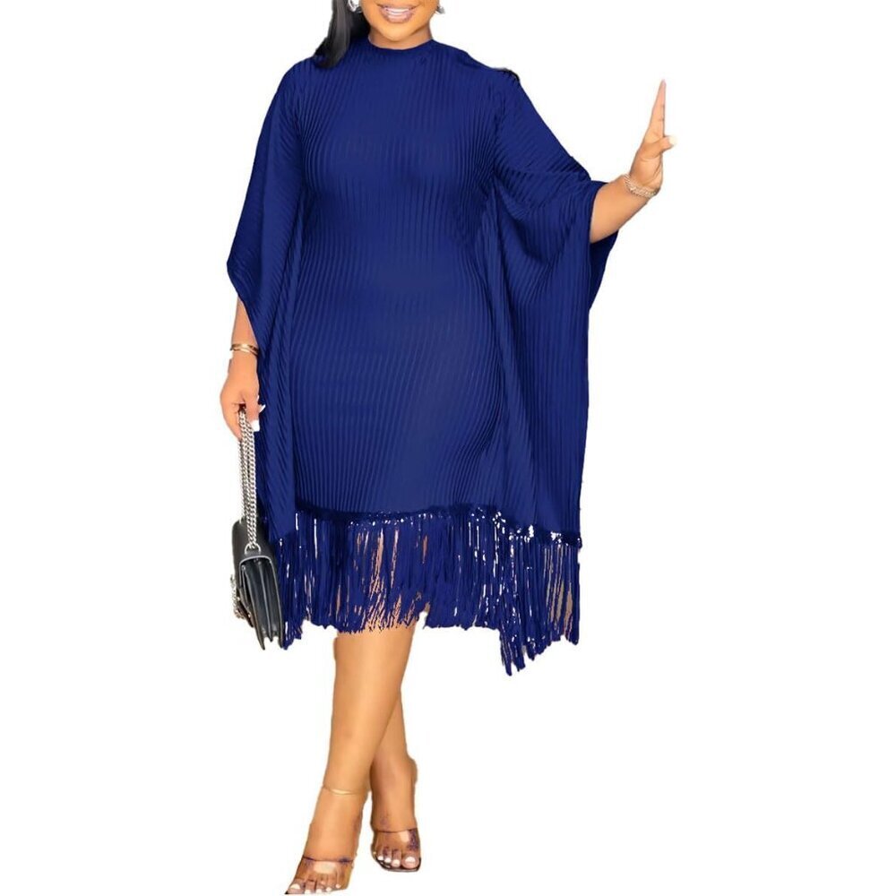 Womens Plus Size Fringe Sequin Midi Dress Casual Batwing Sleeve Wrap
